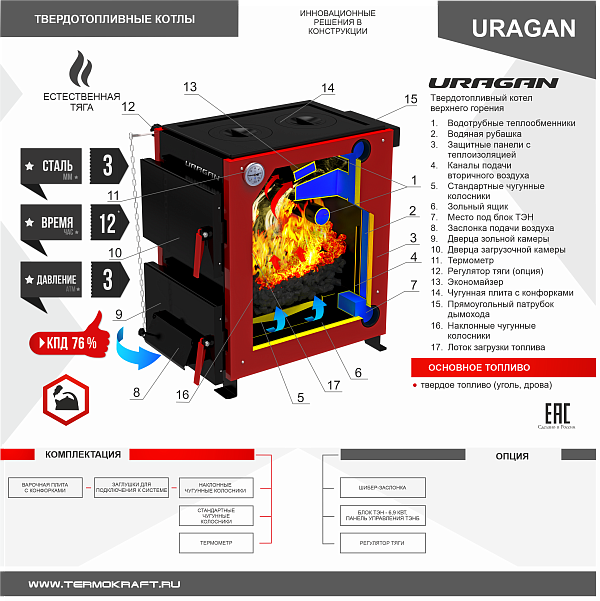 Котел твердотопливный URAGAN 14 кВт